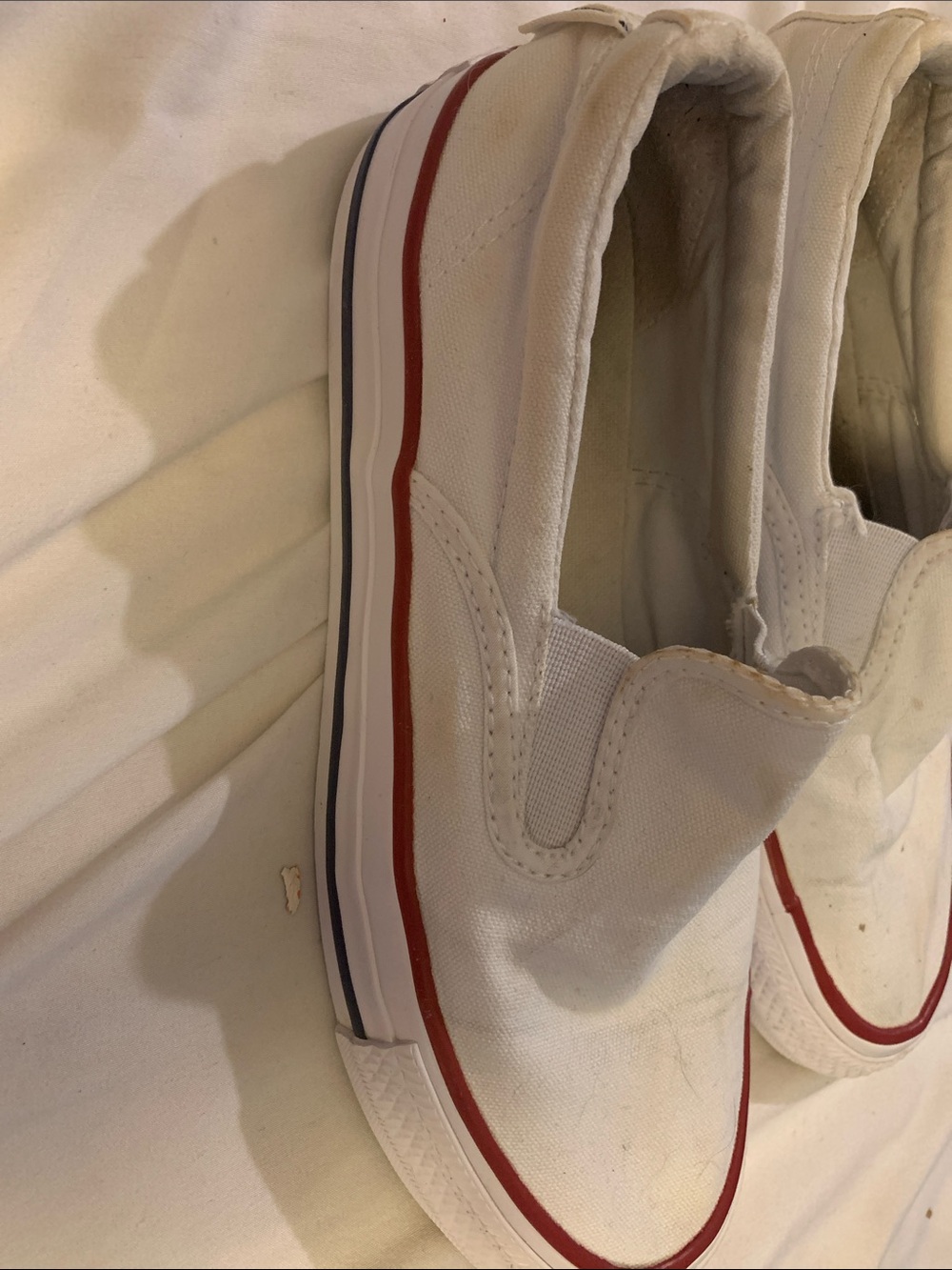 Converse Kids White Slip-On Sneakers with Red & Navy Trim